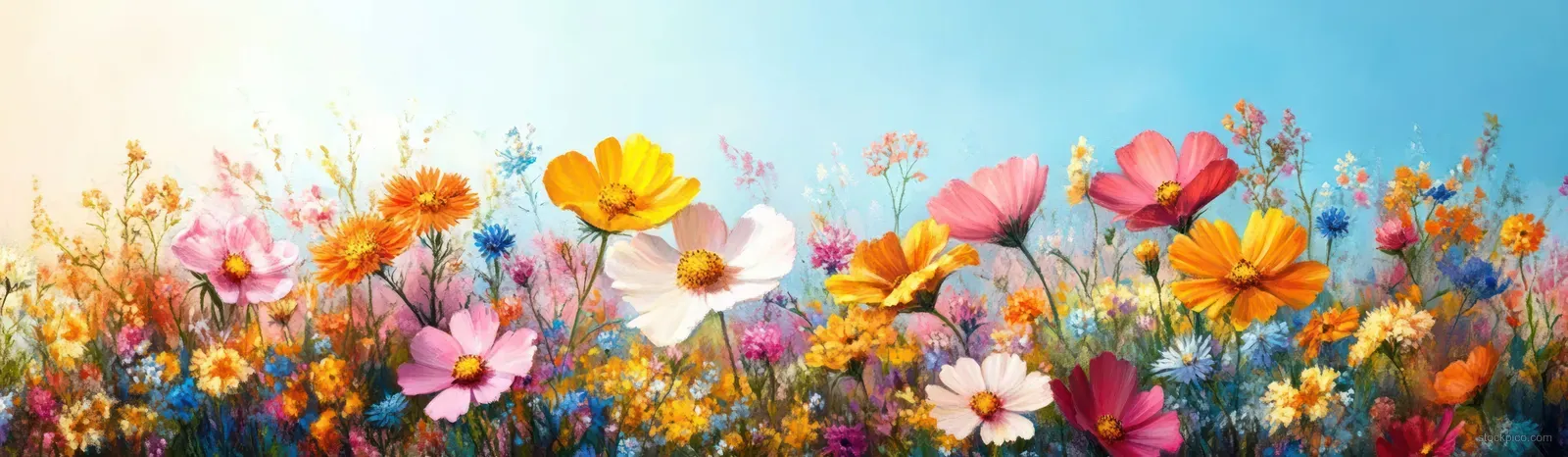 Colorful spring wildflowers bloom across a sunlit meadow under a bright blue sky.