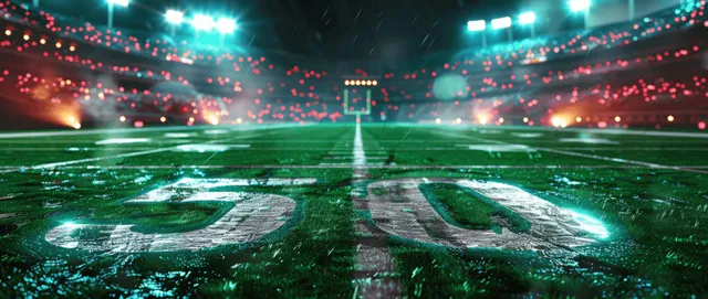 Spotlights illuminate a nighttime American football field centered on the 50-yard line.