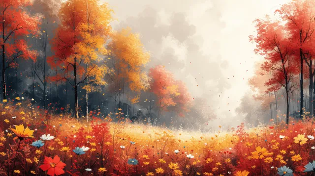 Dreamy autumn forest watercolor scene with glowing fog and fallen leaves