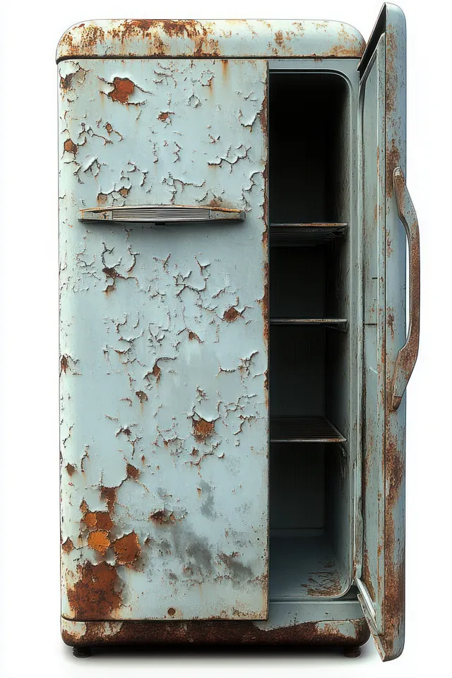 Rusted old refrigerator with peeling paint open door revealing empty shelves inside