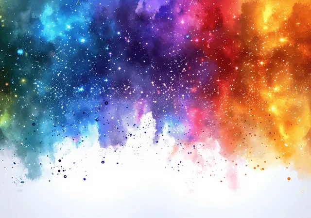Rainbow nebula gradient background with starry specks and watercolor splash textures over a bright white lower area.