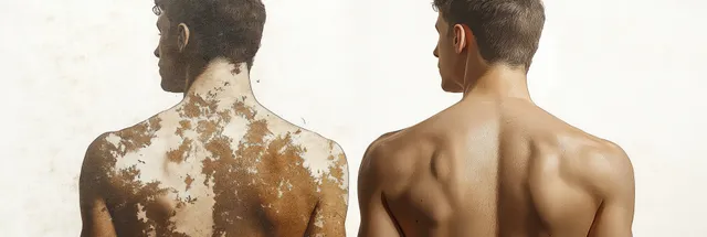 Two panels show a man’s back with severe peeling damaged skin on one side and smooth healthy skin on the other.