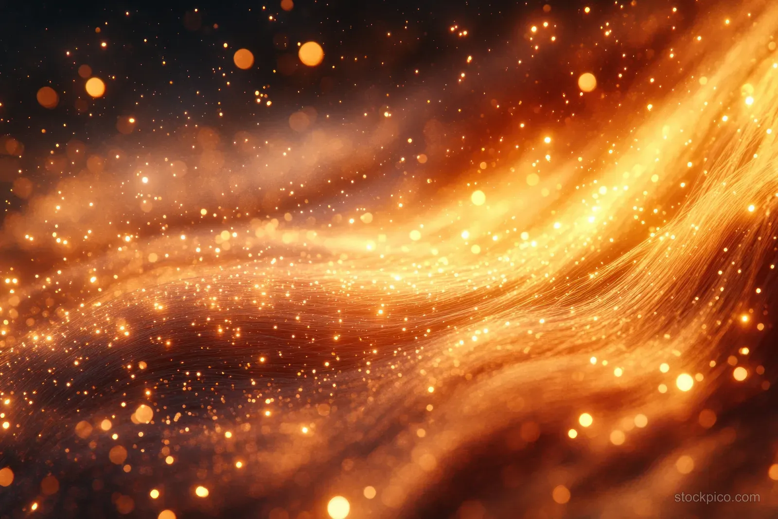 Golden oil-like ribbon swirls with glowing particles in a warm dark cinematic close-up.