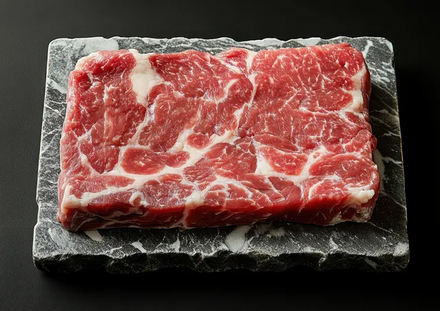 Raw beef steak on a clear plastic tray placed on dark slate stone showing detailed marbling.