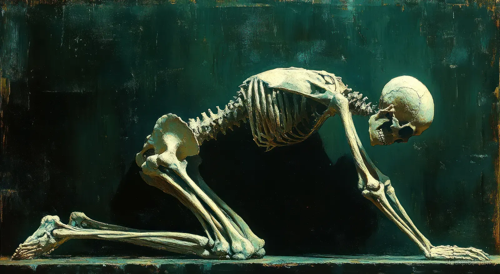 Human skeletons in dynamic floor poses are illuminated with dramatic chiaroscuro lighting against a dark textured background.