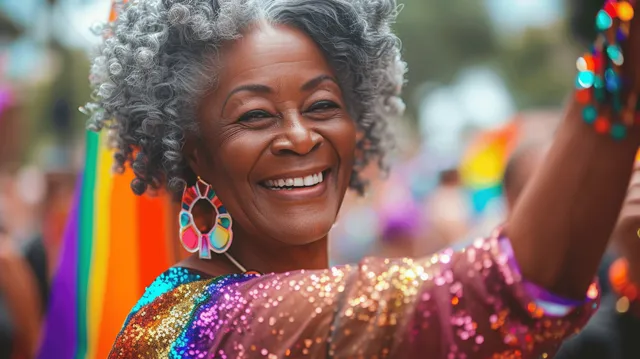 Joyful senior Black woman smiling at Pride parade, sparkling colorful dress and raised hand