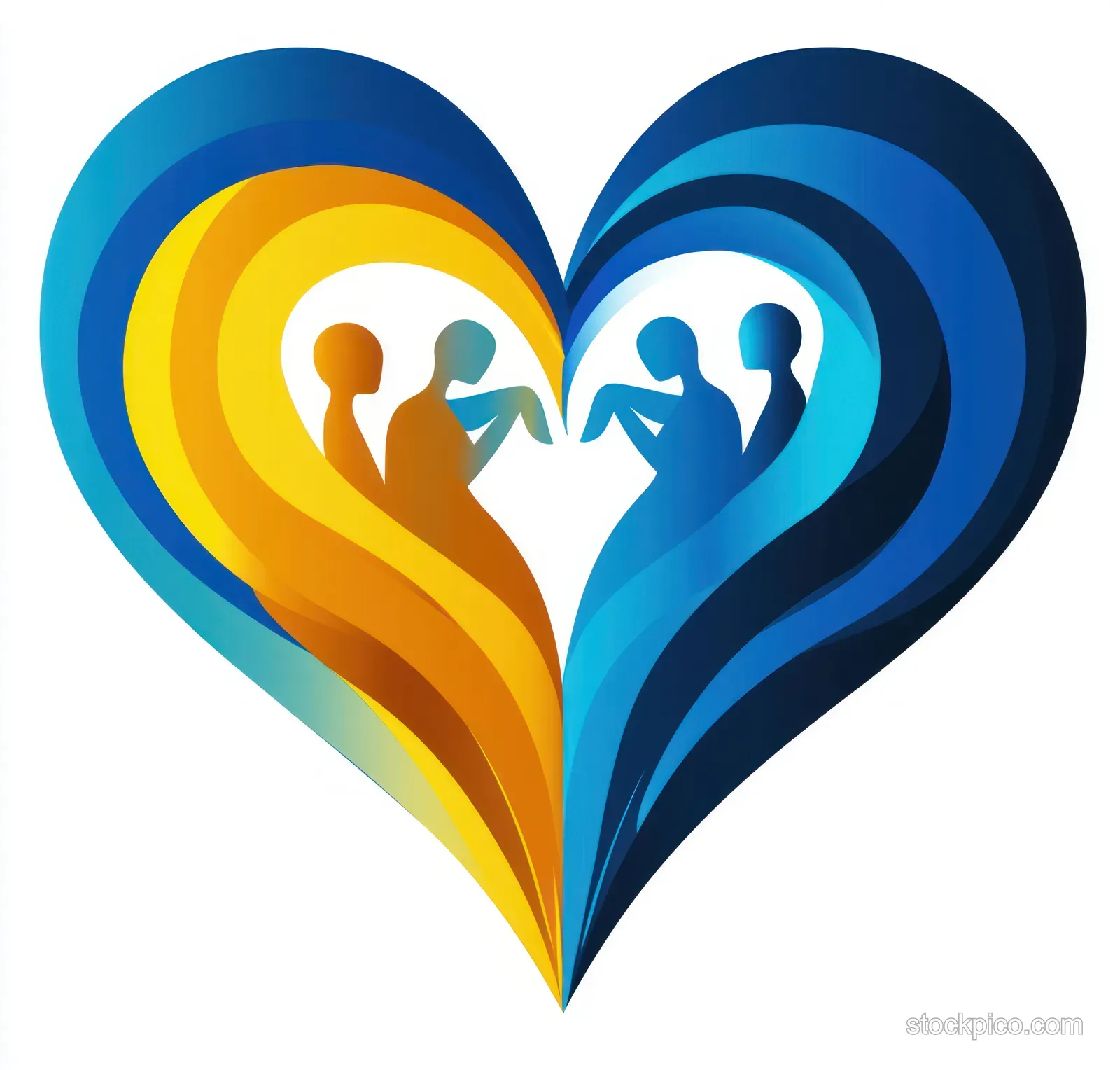 Layered blue and yellow silhouettes form a heart shape as people extend hands toward each other.