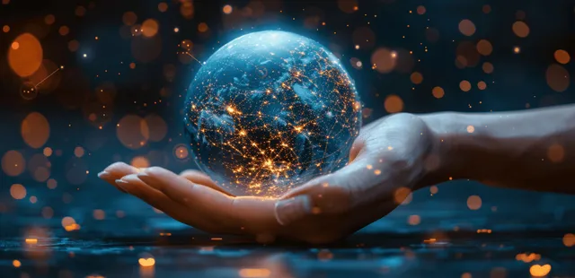 Hands hold a glowing holographic Earth as network lines and data dots float around it.