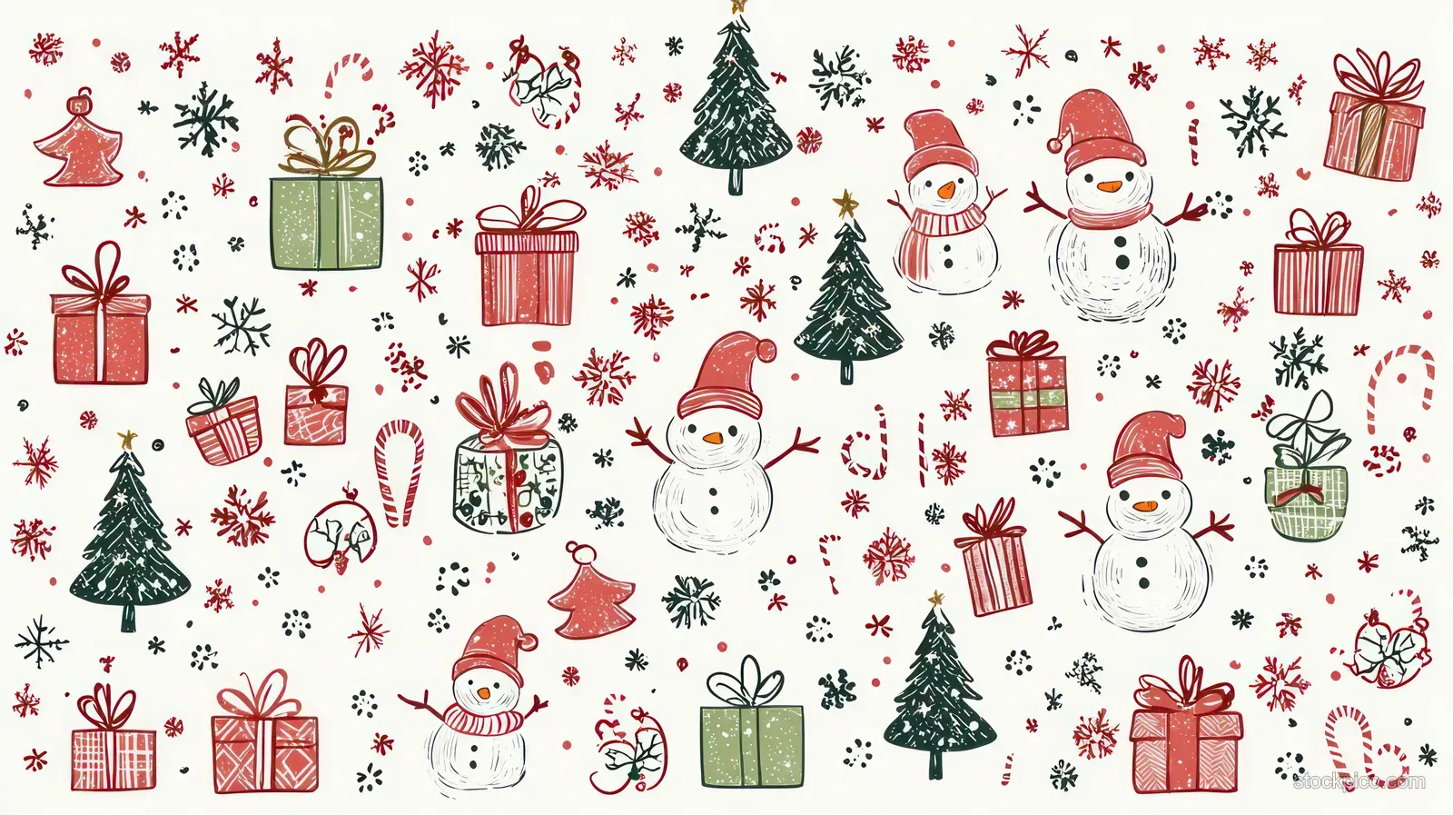 Repeating holiday icons show snowmen, Christmas trees, gifts, candy canes, bells, holly, and snowflakes on a light background.