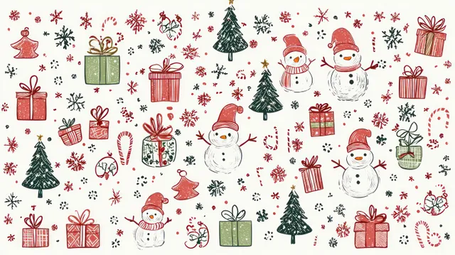 Repeating holiday icons show snowmen, Christmas trees, gifts, candy canes, bells, holly, and snowflakes on a light background.