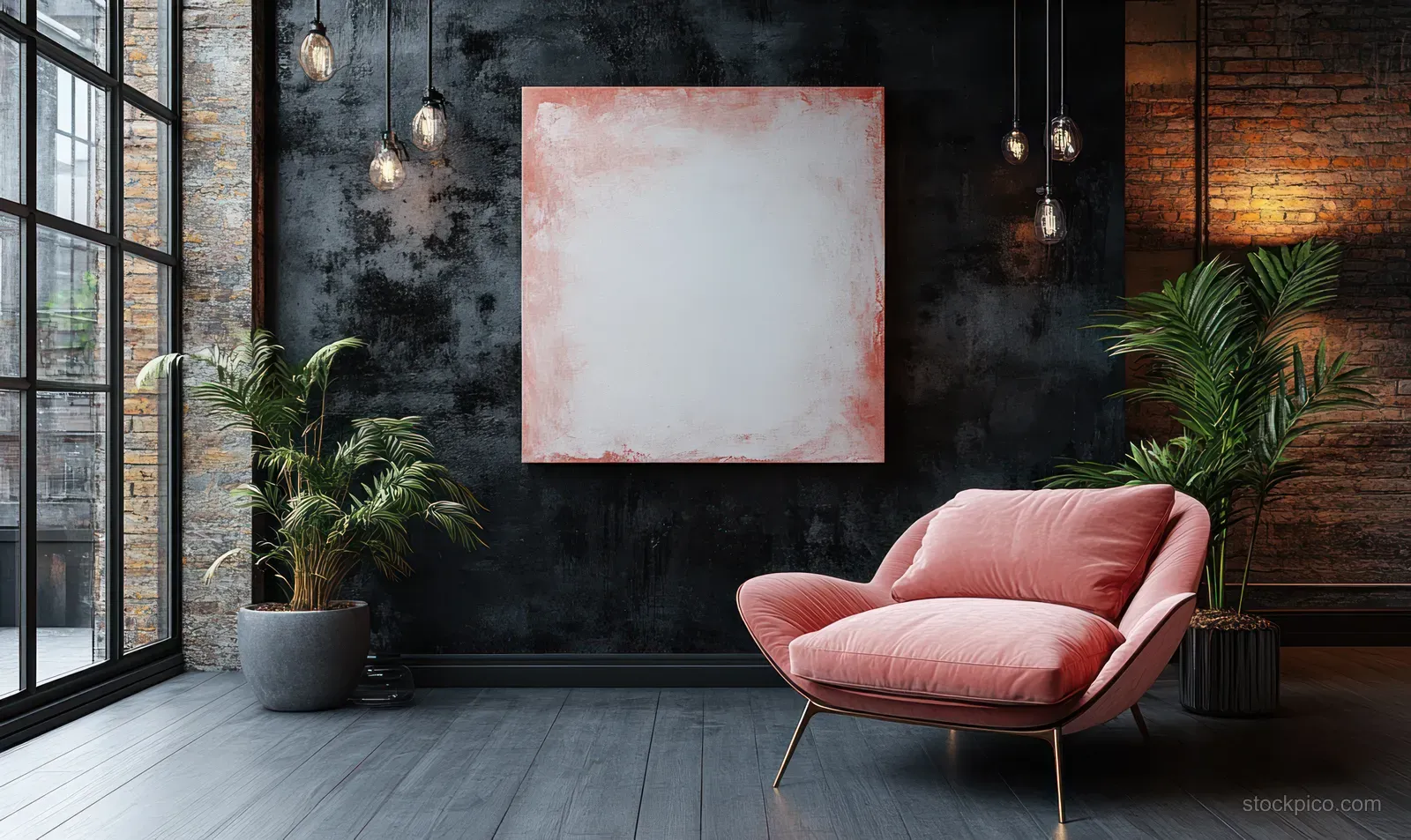 Pink armchair in a minimalist living room beside a blank canvas on a dark black wall with plants and soft lighting.