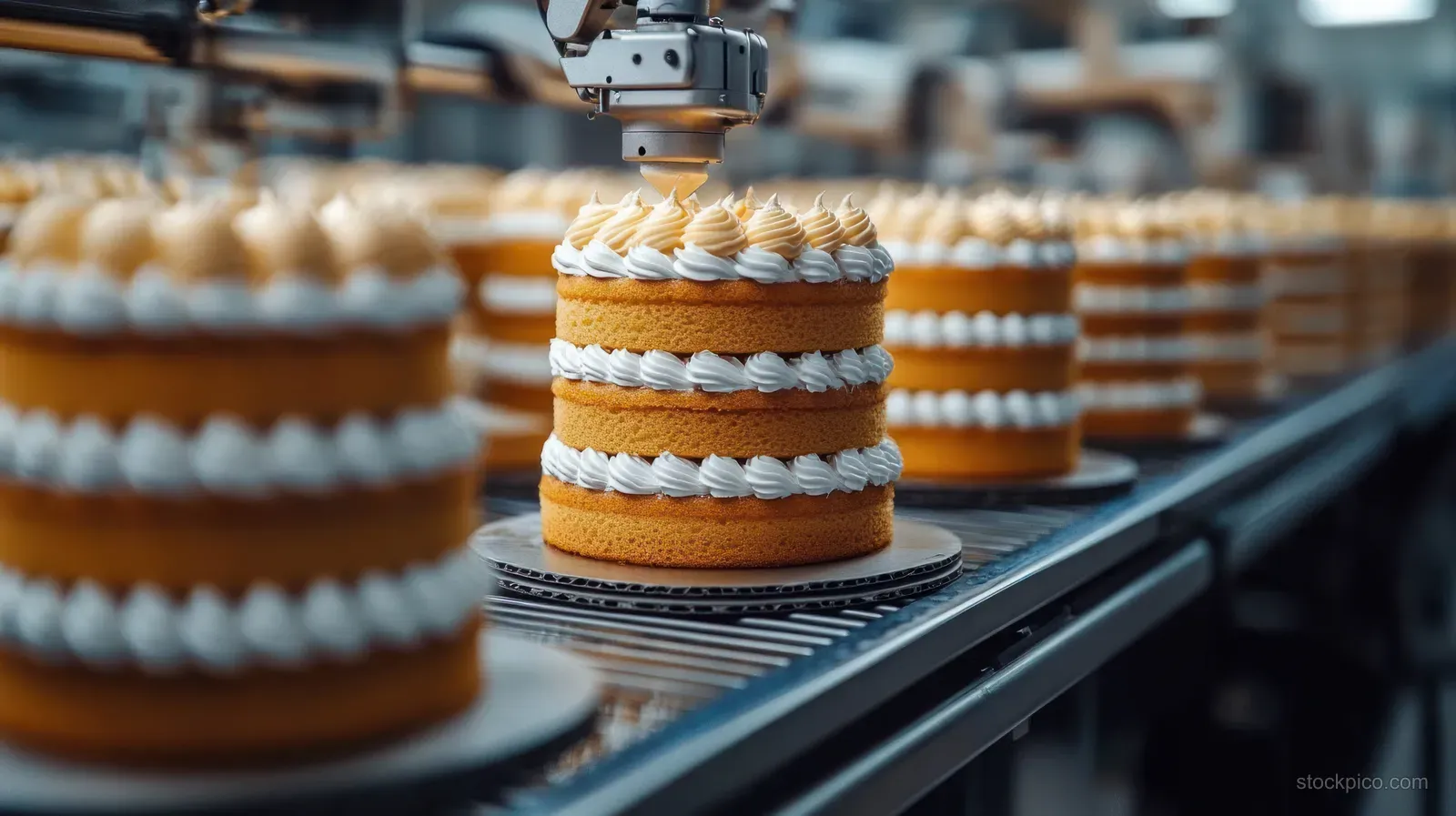 A bakery conveyor system pipes white cream swirls onto stacked sponge cakes in an industrial kitchen.