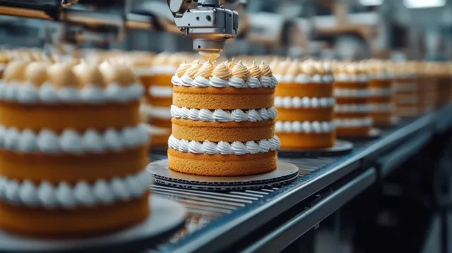 A bakery conveyor system pipes white cream swirls onto stacked sponge cakes in an industrial kitchen.