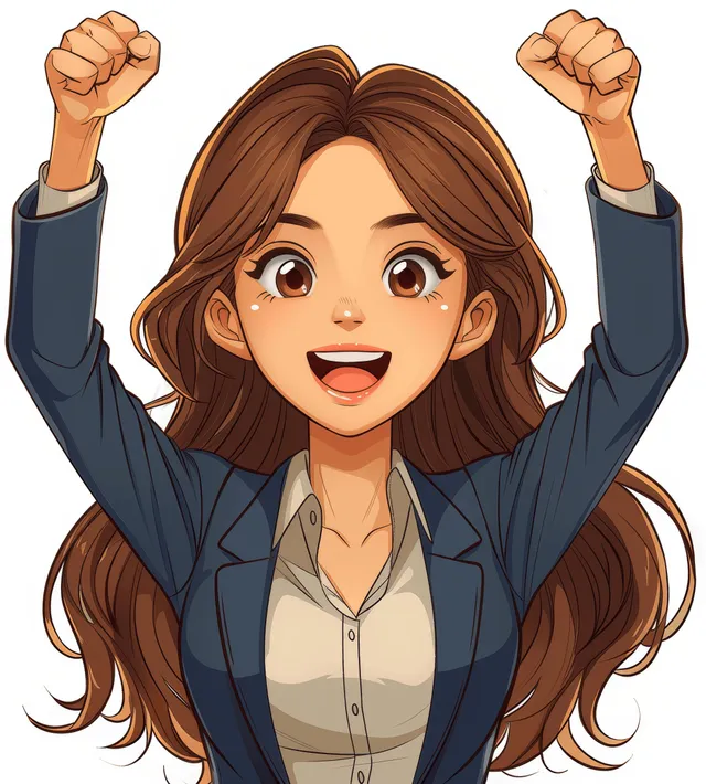3D cartoon businesswoman in blue suit raises arms smiling on clean white background with 3d Character Art