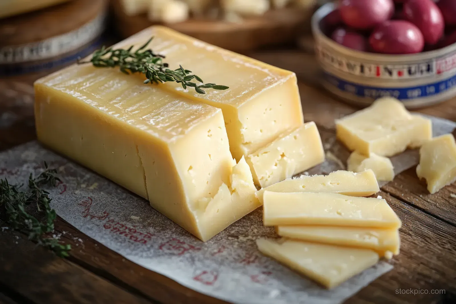 Aged Swiss cheese block and sliced pieces on a wooden board with herbs and grapes in warm cellar light.