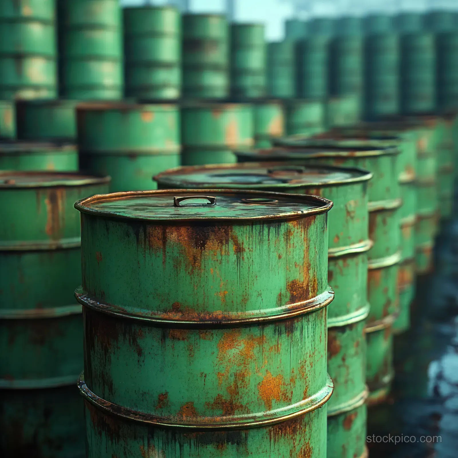 Green metal barrels with rust-stained lids are stacked outdoors in an industrial storage area.