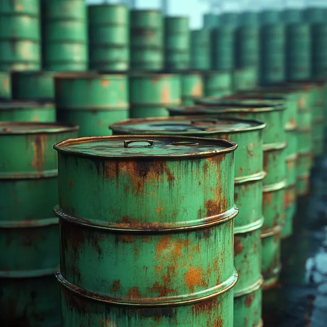 Green metal barrels with rust-stained lids are stacked outdoors in an industrial storage area.