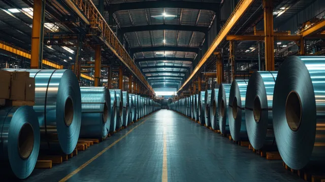Rows of shiny rolled steel coils line a warehouse aisle under overhead lights.