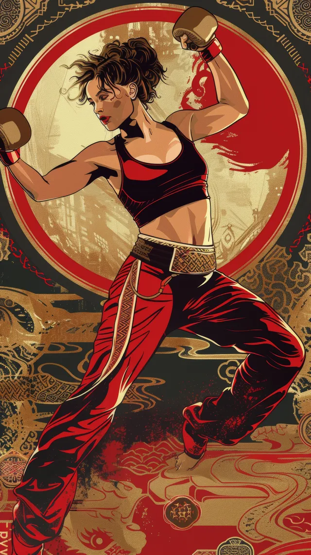 A female wrestler performs a grappling move in front of ornate red and gold Russian patterns.