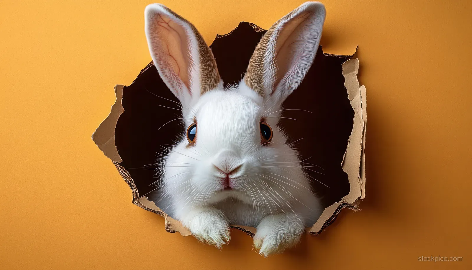 White rabbit peeks through a torn hole in orange paper with wide eyes and soft fur.