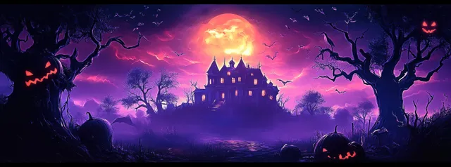 A haunted mansion stands in purple fog beneath a full moon with bats and jack-o'-lantern pumpkins.