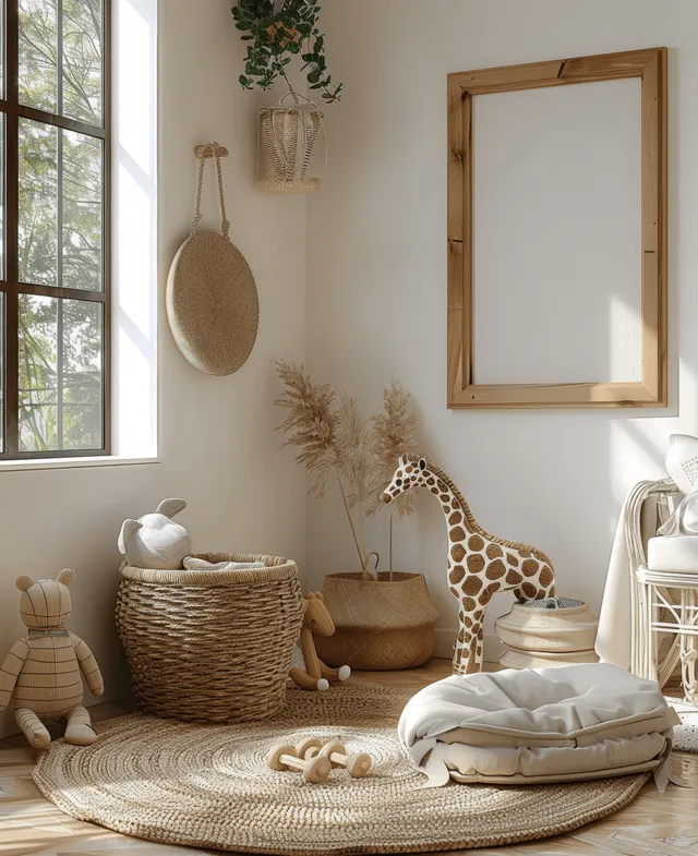 A serene Scandinavian kids room with wooden furniture, natural textures, cozy textiles, and soft daylight illuminating the space.