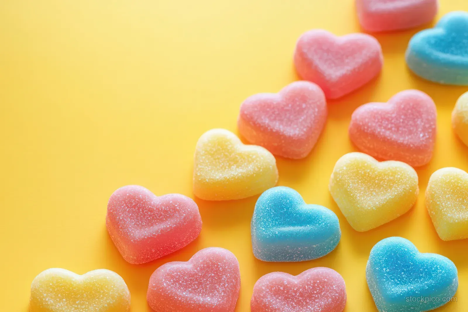 Colorful heart-shaped gummy candies with sugar coating scattered on a bright yellow background.