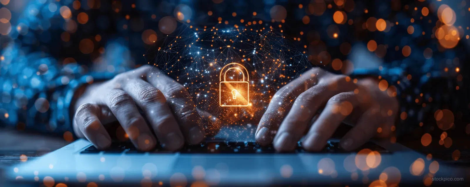 Hands at a keyboard with a glowing padlock icon above digital network sparks and data lines.