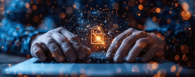 Hands typing near glowing lock icon over cyber data network lines