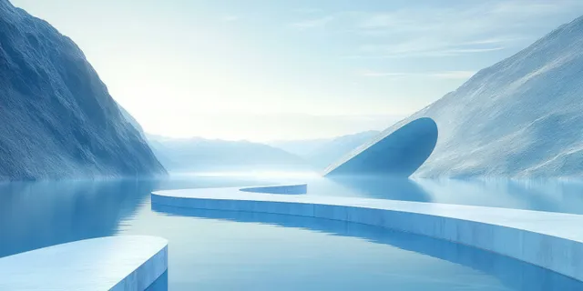 Curved elevated walkway crosses calm reflective water beside smooth mountain rocks under a clear sky.