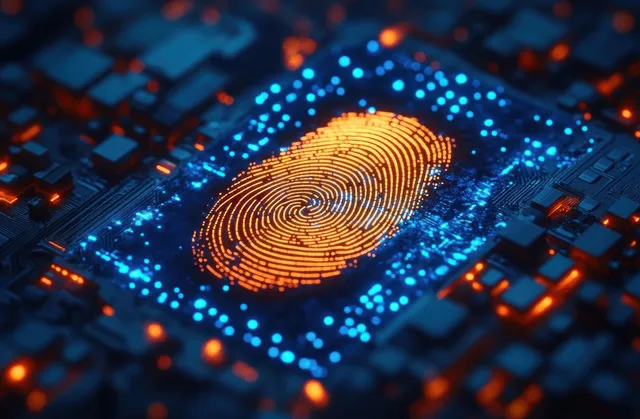 A glowing fingerprint scan sits on a futuristic circuit board surrounded by blue and orange network lights.
