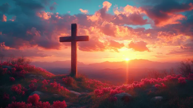 A wooden cross rises from a red-flower hill beneath a glowing colorful sunset and dramatic clouds.