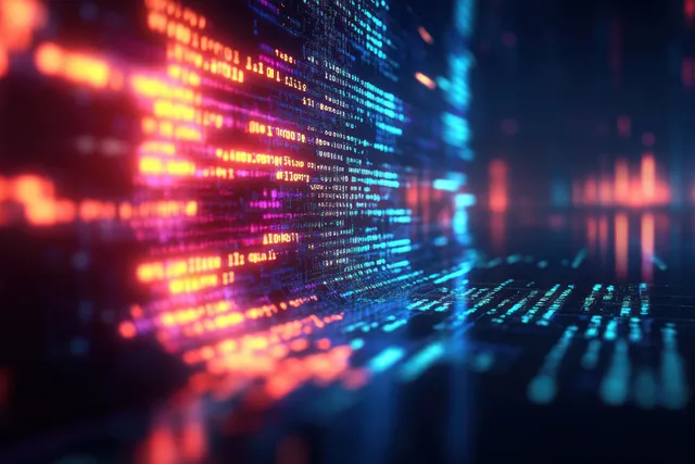 Neon streams of binary code glow on a dark cyberpunk digital background.