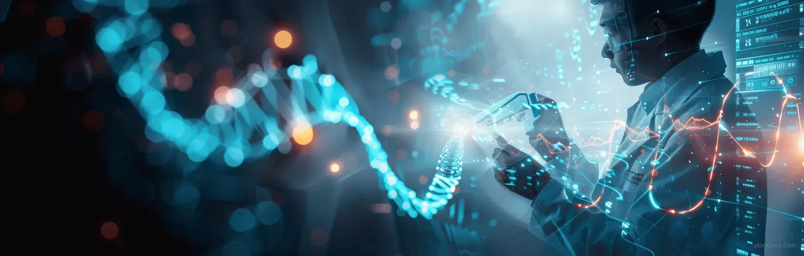 A scientist studies glowing DNA strands with digital data overlays in a dark laboratory.