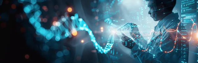 A scientist studies glowing DNA strands with digital data overlays in a dark laboratory.