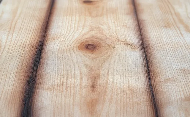 Close-up of a light wood plank surface with visible grain lines and a knot.