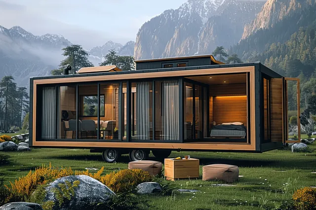 Modern modular tiny home on wheels with large windows and outdoor space, set against stunning mountain views.