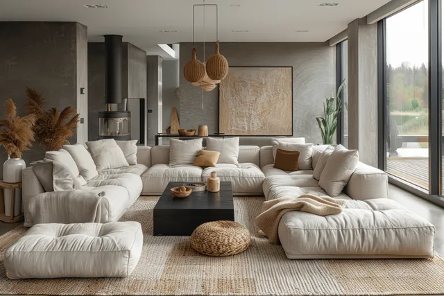 Beige Scandinavian living room with sectional sofas, dark coffee table, abstract artwork, and sunlit large windows.