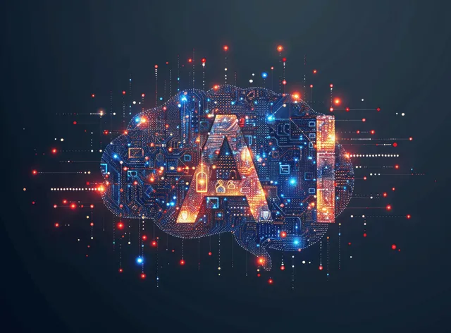 Glowing AI brain circuit artwork with neural lines and a stylized “AI” mark over a deep blue background.