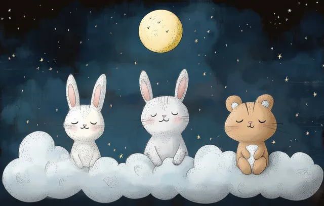 Adorable cartoon animals, including bunnies, a bear, and a cat, relax in fluffy clouds under a starry night sky.