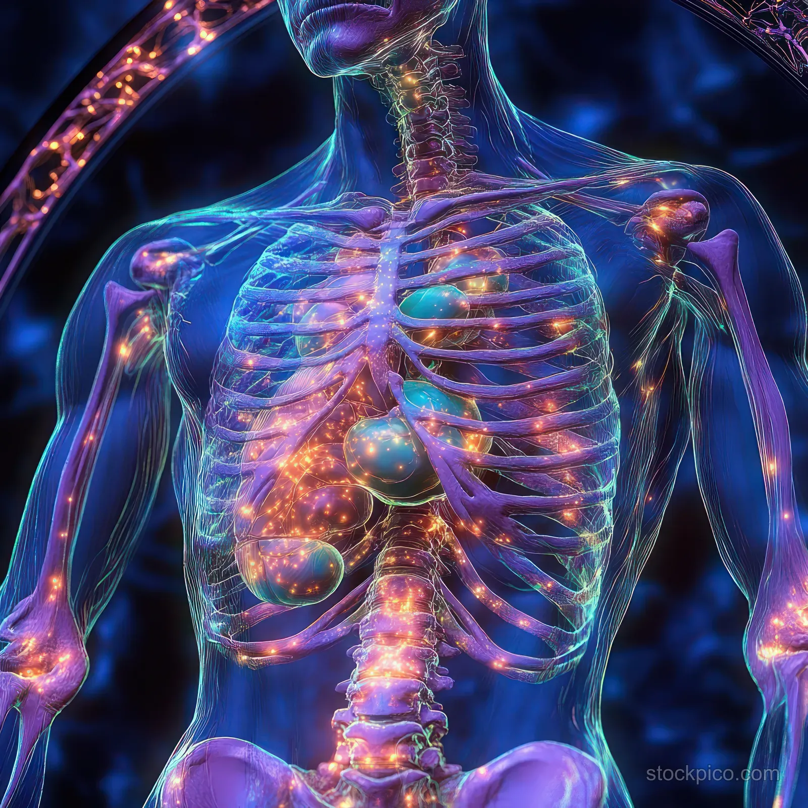 A bioluminescent human torso illustration with glowing ribs and organ shapes inside a circular neon frame.