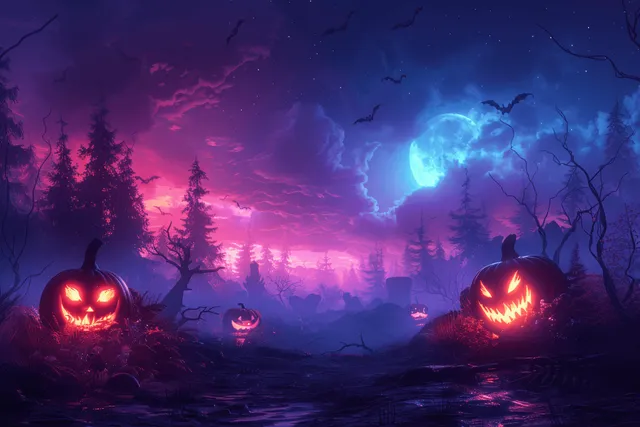 A spooky Halloween forest scene with glowing jack-o'-lanterns, misty trees, bats in the sky, and a full moon.