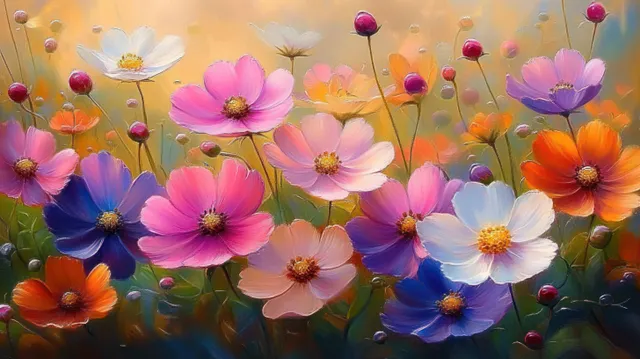 Cosmos flowers in pink, purple, orange, and white bloom against a warm pastel glowing background.