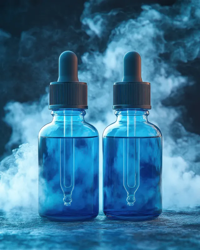 Two blue glass dropper bottles with black caps surrounded by swirling mist on a dark surface.