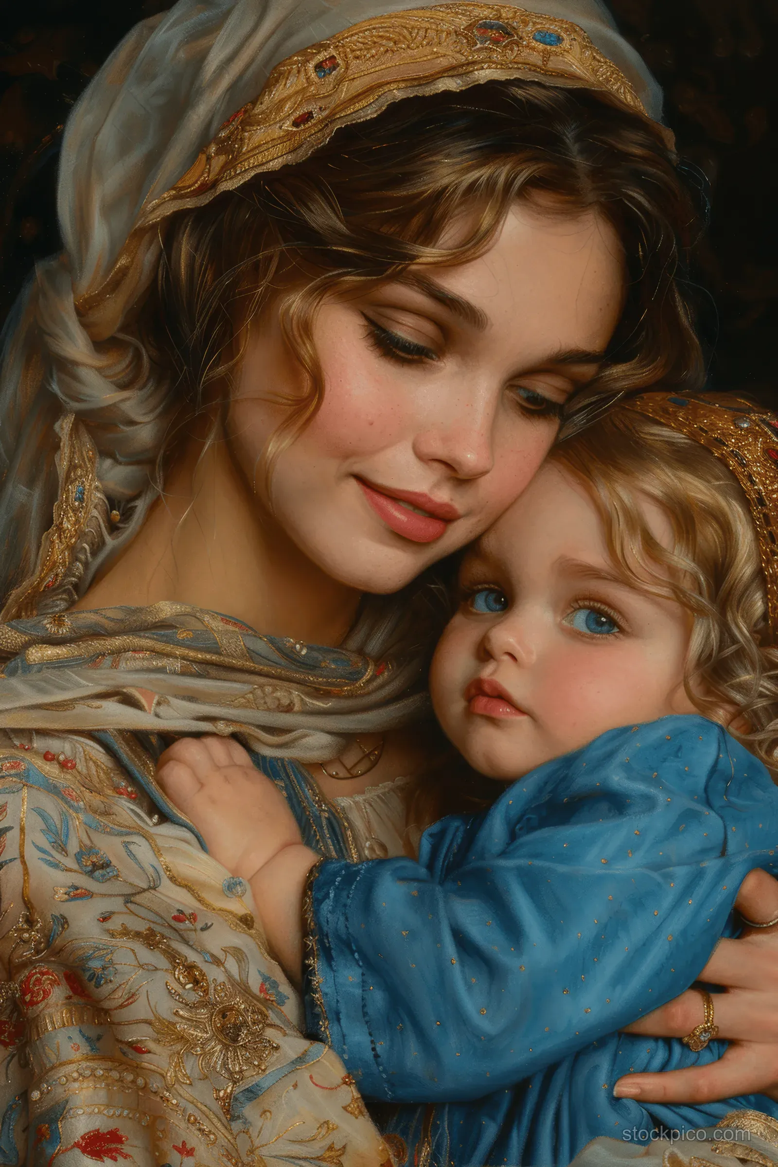 Mary cradles Baby Jesus in a tender close-up with warm colors and soft light against a dark background.