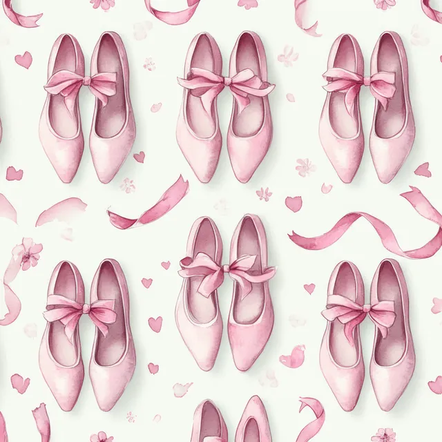 Patrón sin costuras en acuarela de zapatillas de ballet rosas con lazos de cinta y corazones dispersos sobre un fondo pálido