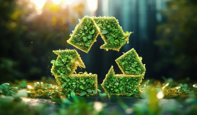 Green recycling symbol built from dense leafy plants against a blurred urban background with warm sunlight.