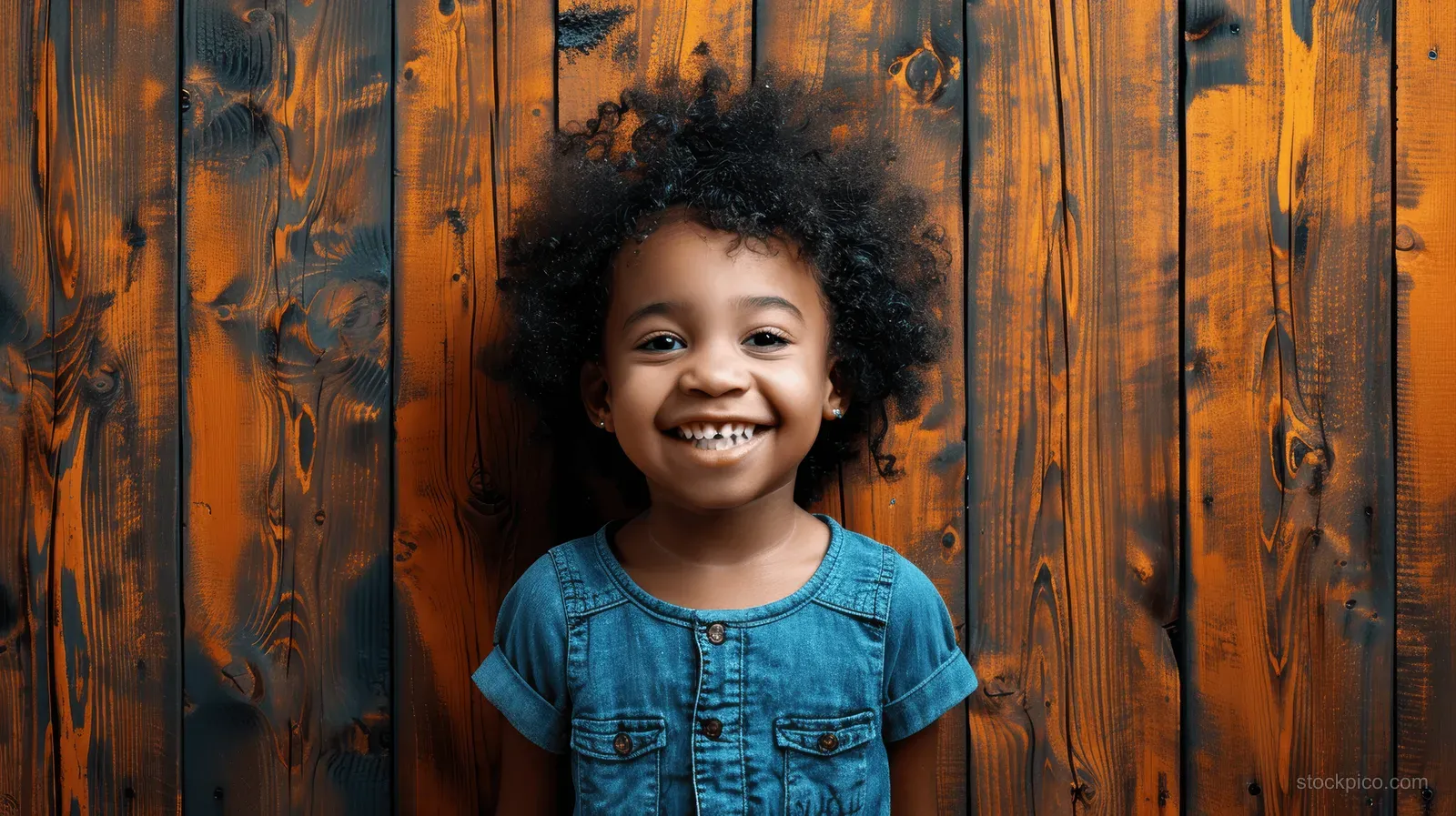 A smiling child in a denim shirt stands in front of a dark rustic wooden plank wall with visible grain.