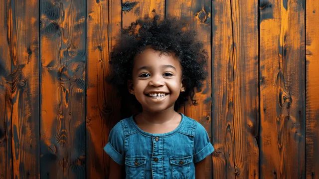 A smiling child in a denim shirt stands in front of a dark rustic wooden plank wall with visible grain.