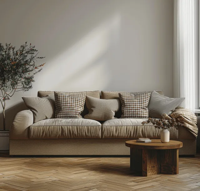 Neutral living room corner with a beige plaid sofa, wooden parquet floor, small side table, and daylight shadows on the wall.